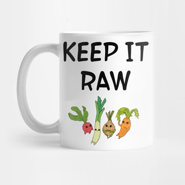 Keep it raw. Some like it raw. Funny food quote. Raw foods diet. Cute happy Kawaii yummy veggies. Carrot, leeks, onion, raddish. by IvyArtistic